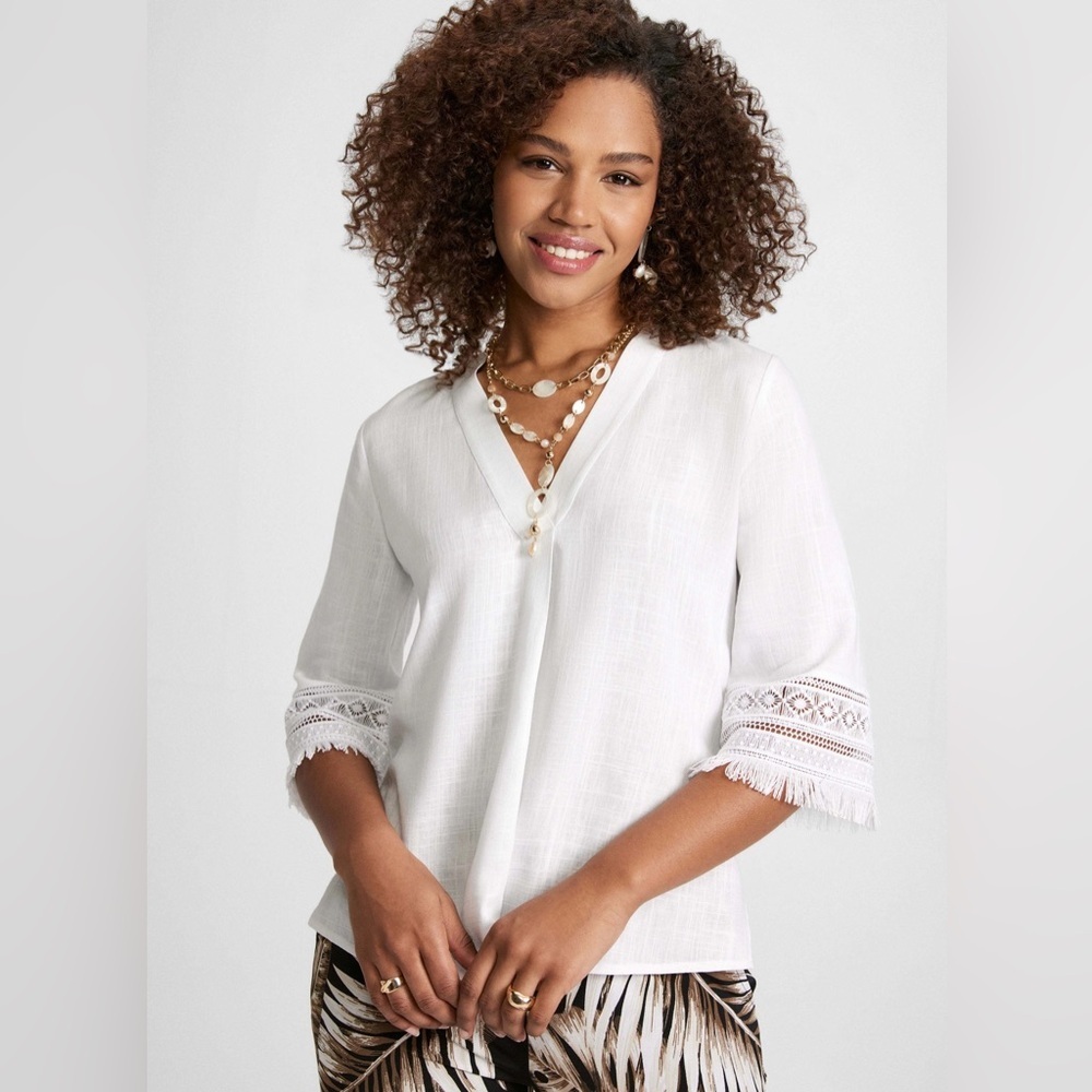 Laura White V-Neck 3/4 Sleeves Blouse Crochet Fringe Trim Size 10 Linen Blend